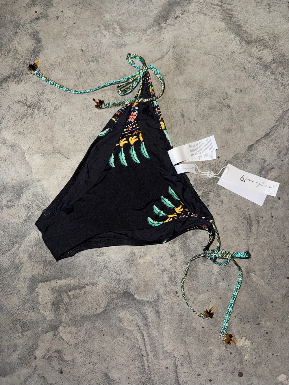 Black Tropical Tie-Side Bikini Bottoms with Teal Leaf Accents